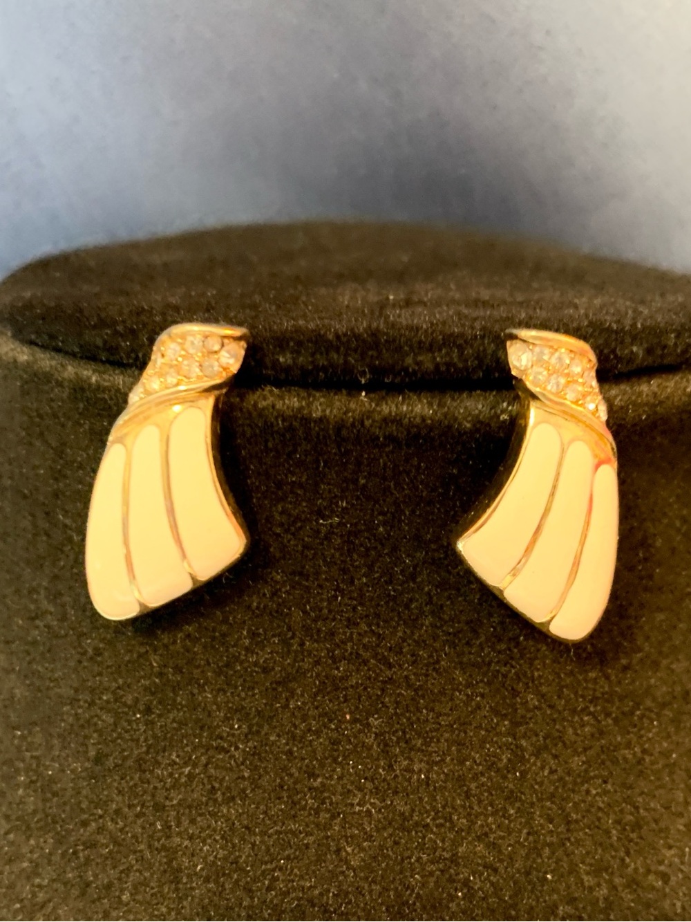 Gold-Tone Cream Enamel Wing Stud Earrings with Crystal Detail